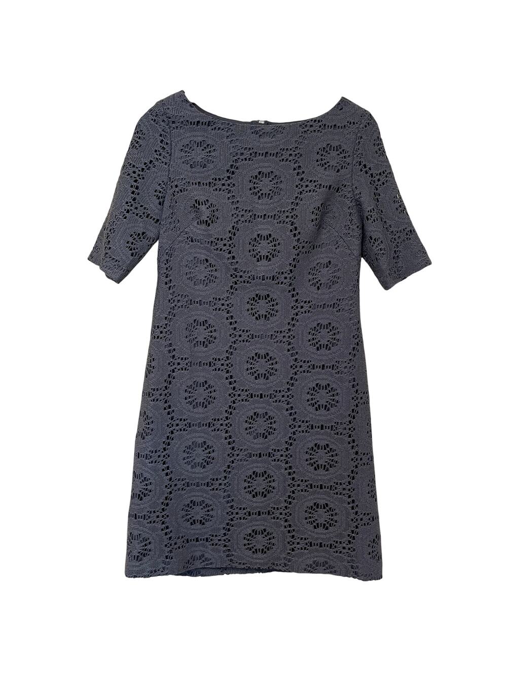 Adrianna Papell Crochet Lace Dress 8 Gray Sheath Floral Prep Old Money Luxe
